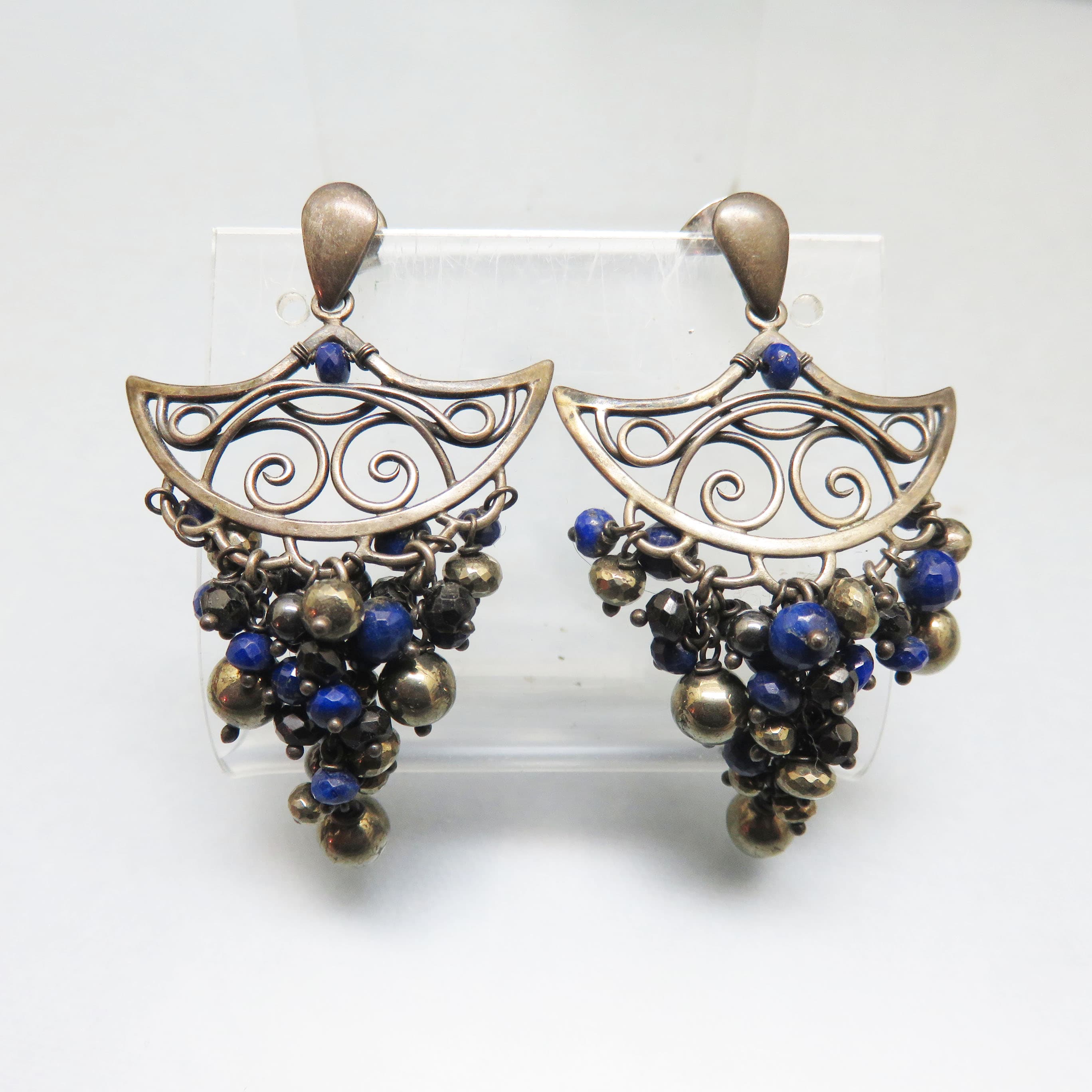 Vintage Blue Beaded Chandelier Earrings Antiqued Silvertone Scrollwork Dangles