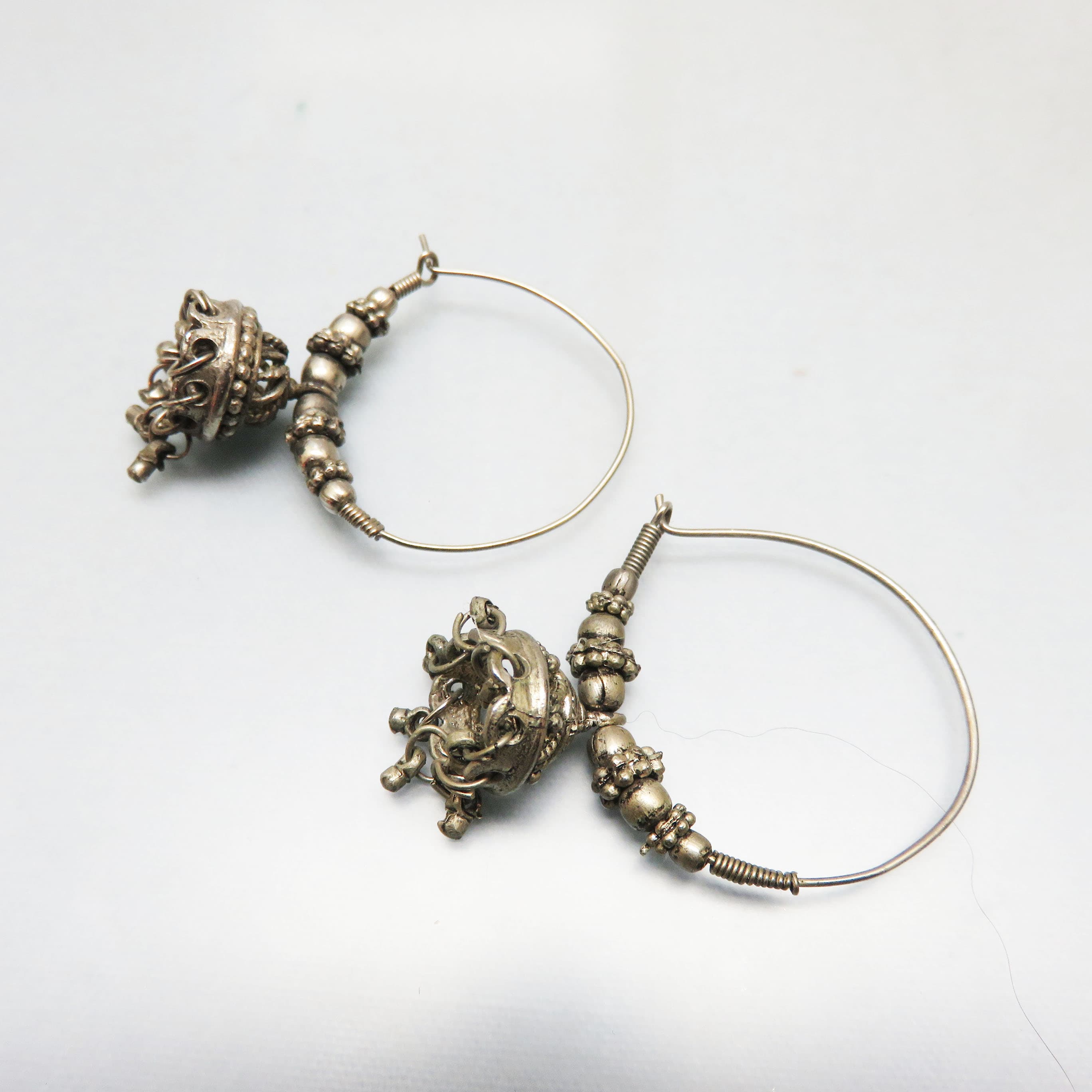 Vintage Silvertone Hoop Earrings With Ornate Jhumka Style Bell Dangles