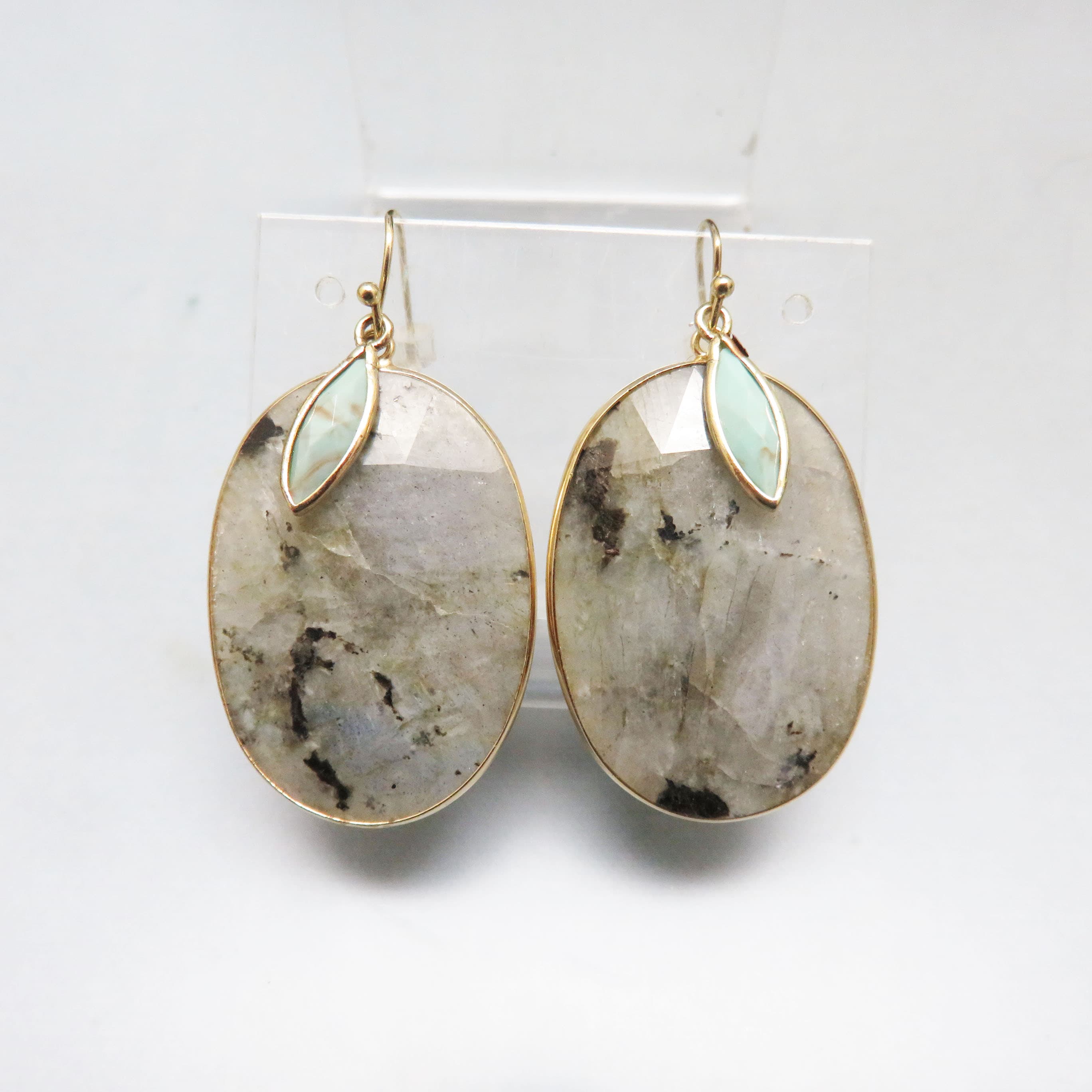 Labradorite And Amazonite Earrings Faceted Natural Stone Goldtone Dangles