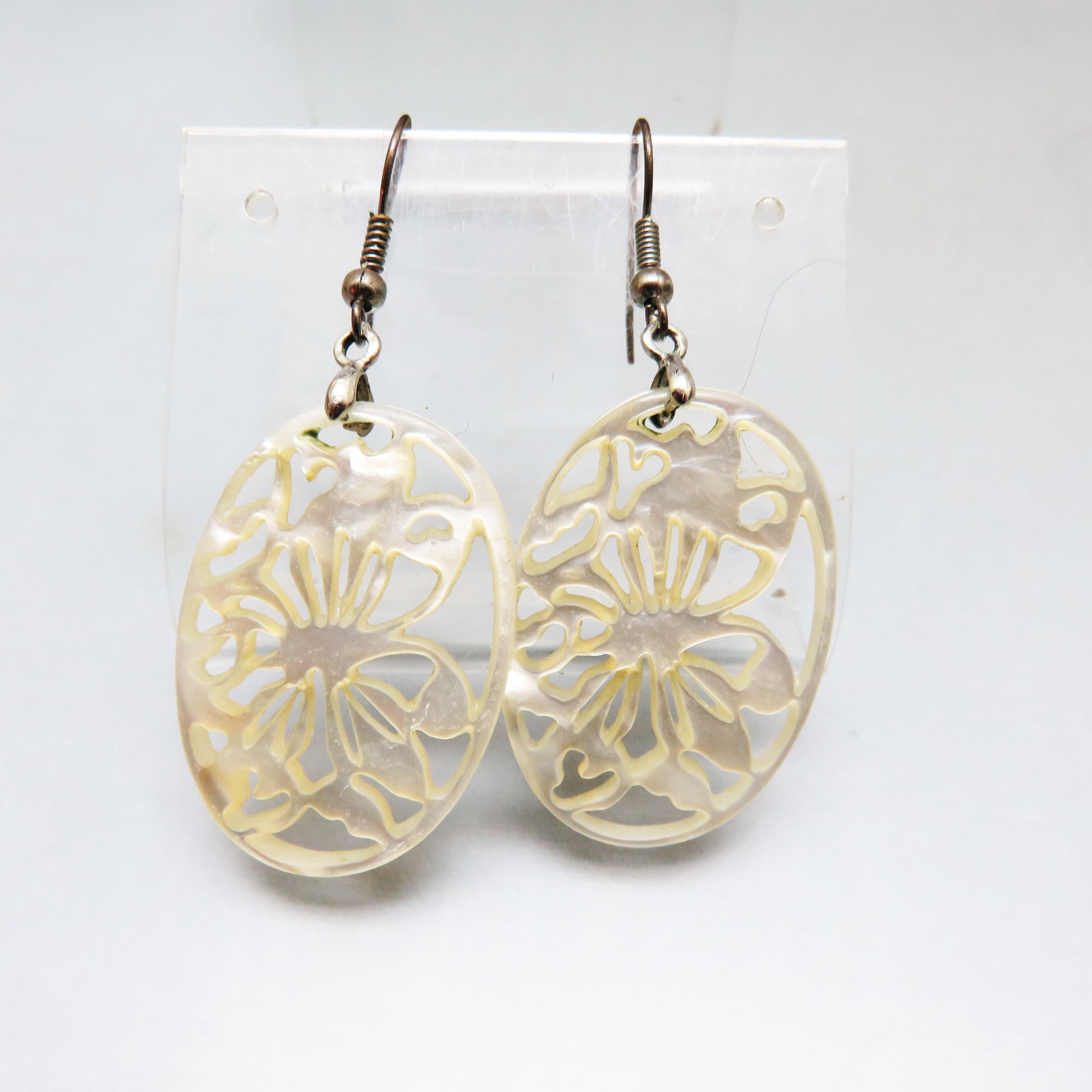 Carved White Mother Of Pearl Earrings Floral Openwork French Hook Dangles