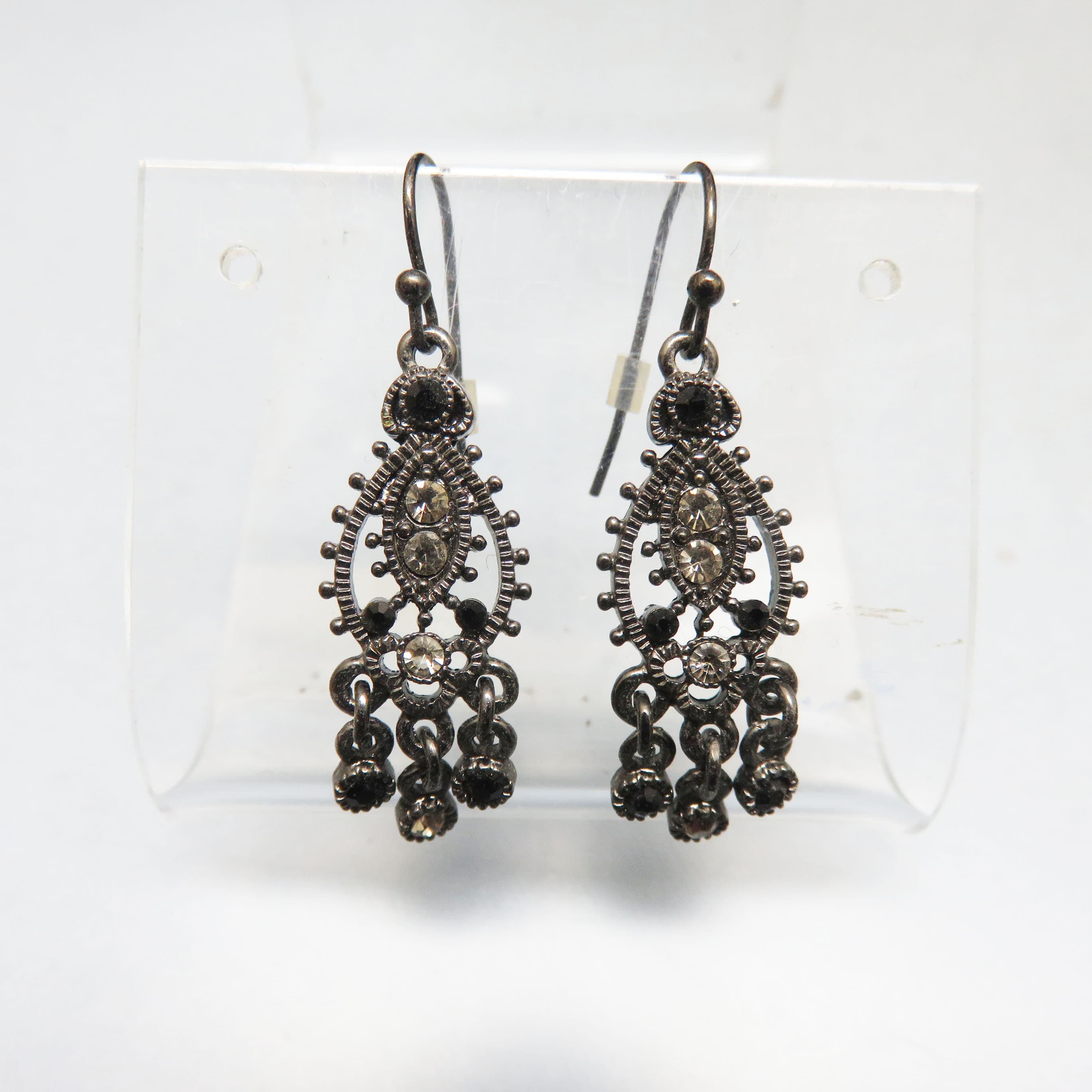 Petite Gothic Chandelier Earrings Black And Clear Rhinestone Dangles