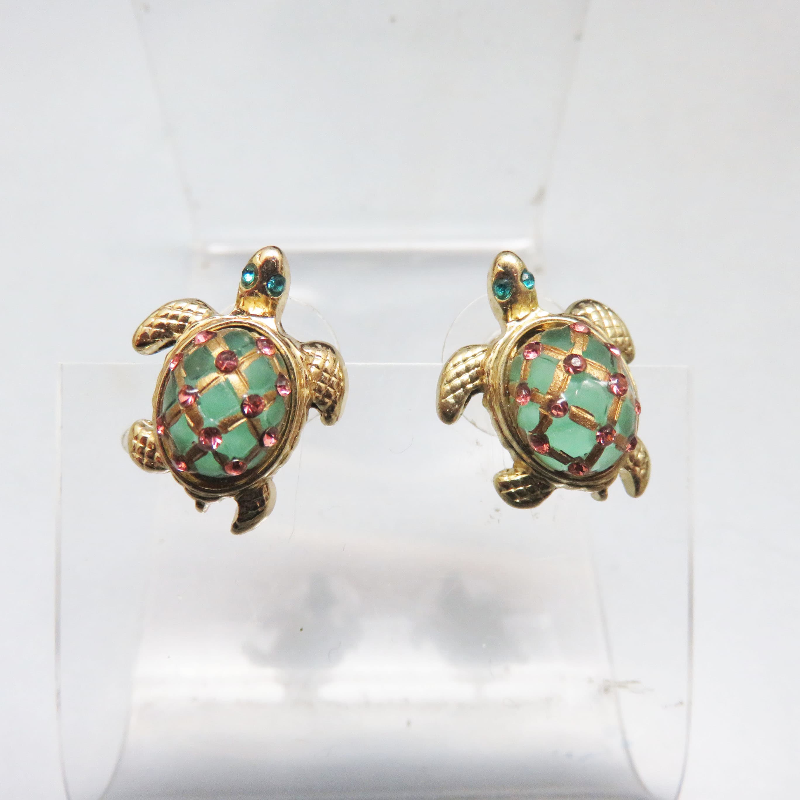 Vintage Rhinestone Sea Turtle Earrings Green Glass Inlay Goldtone Posts