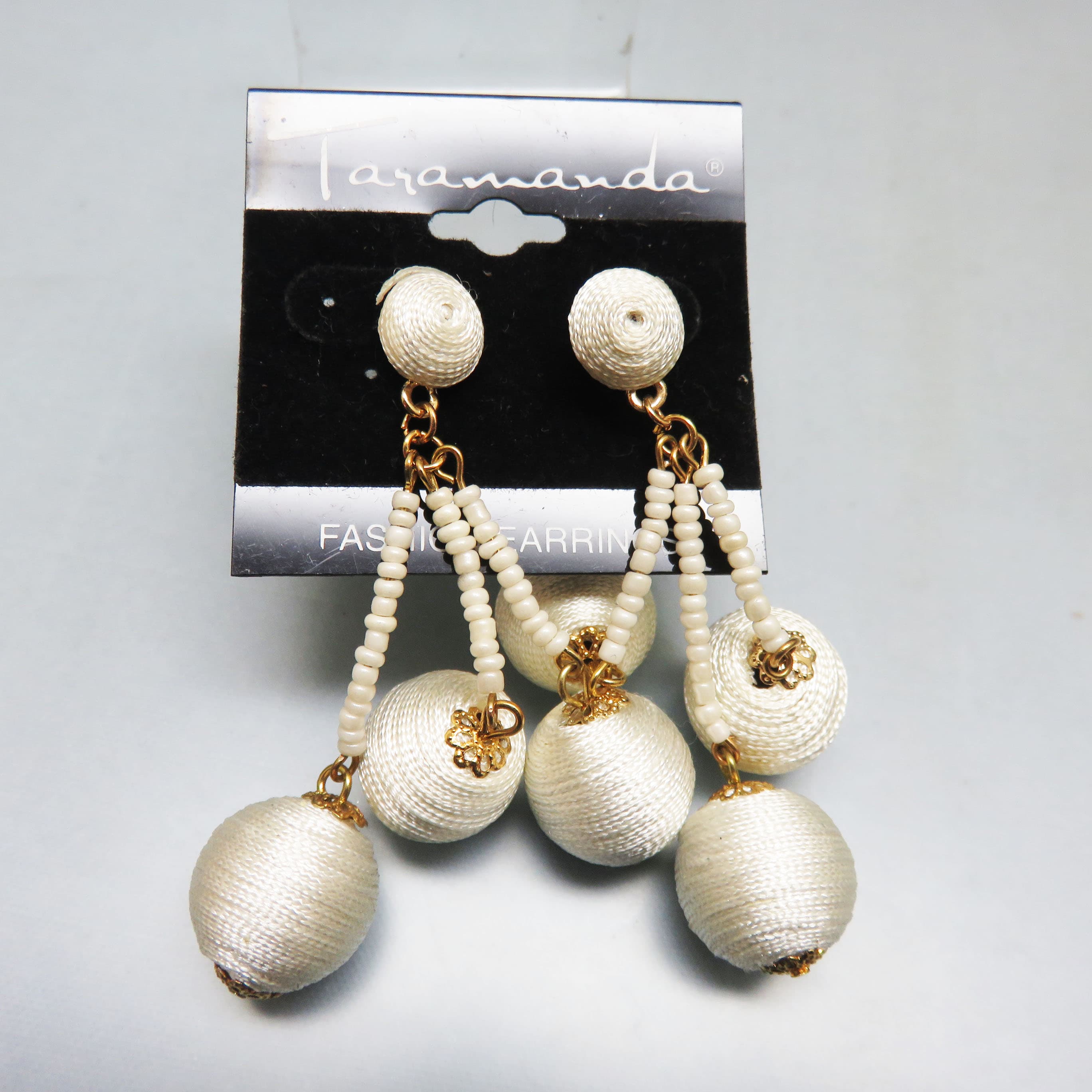 Taramanda White Cord Wrapped Ball Earrings Beaded Statement Dangles