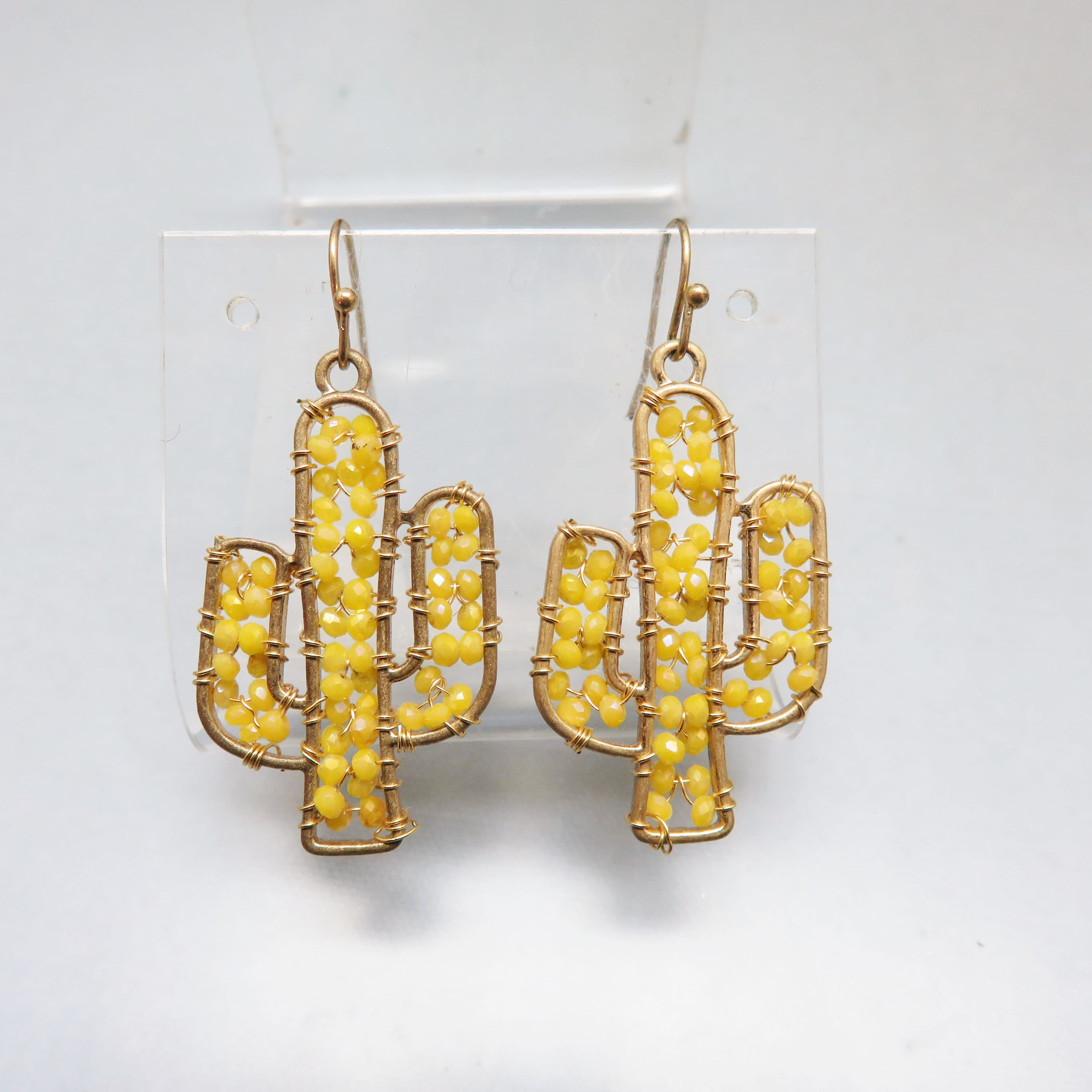 Yellow Beaded Cactus Earrings Goldtone Wire Wrapped Southwest Dangles