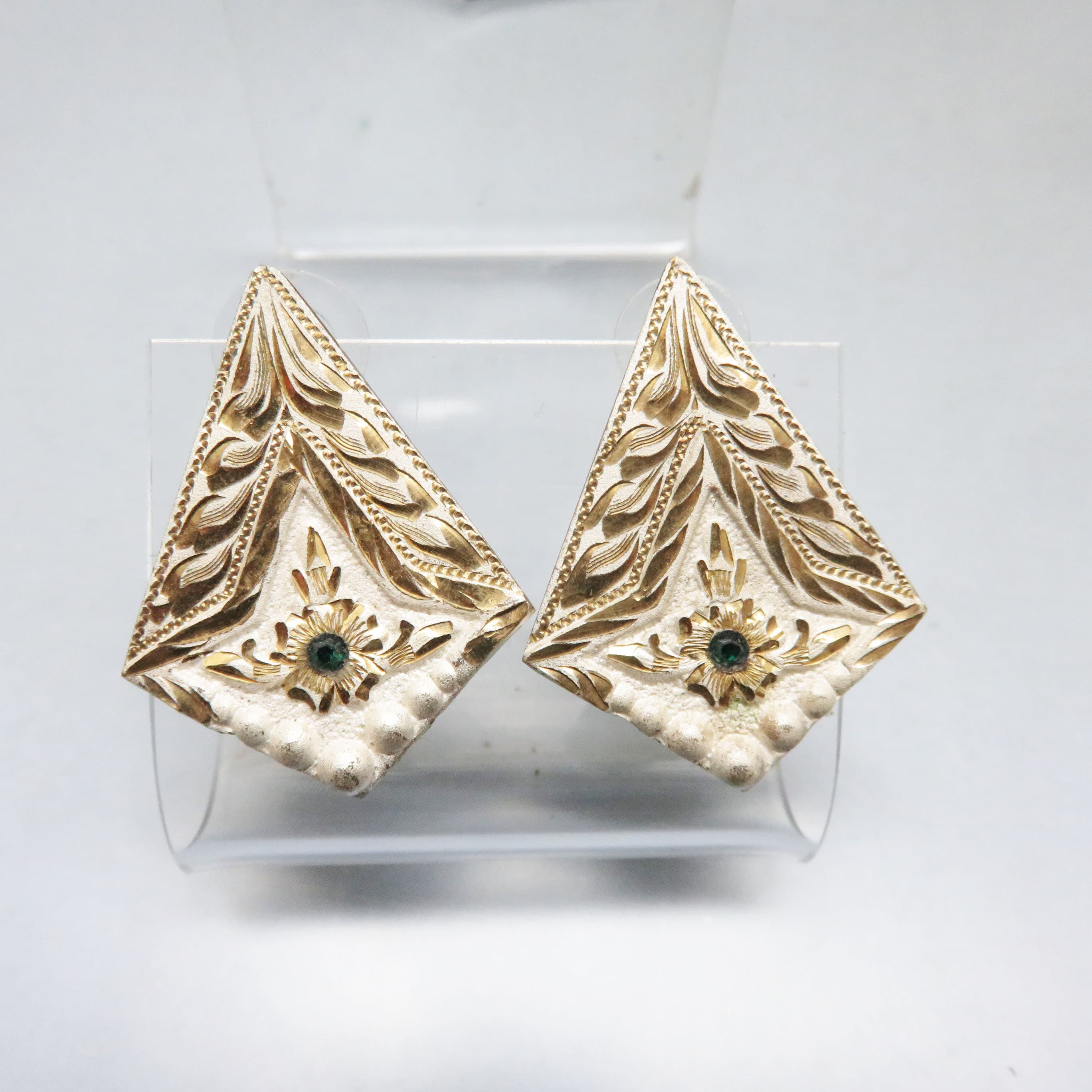 Western Tooled Design Earrings Whitewashed Silvertone Statement Posts