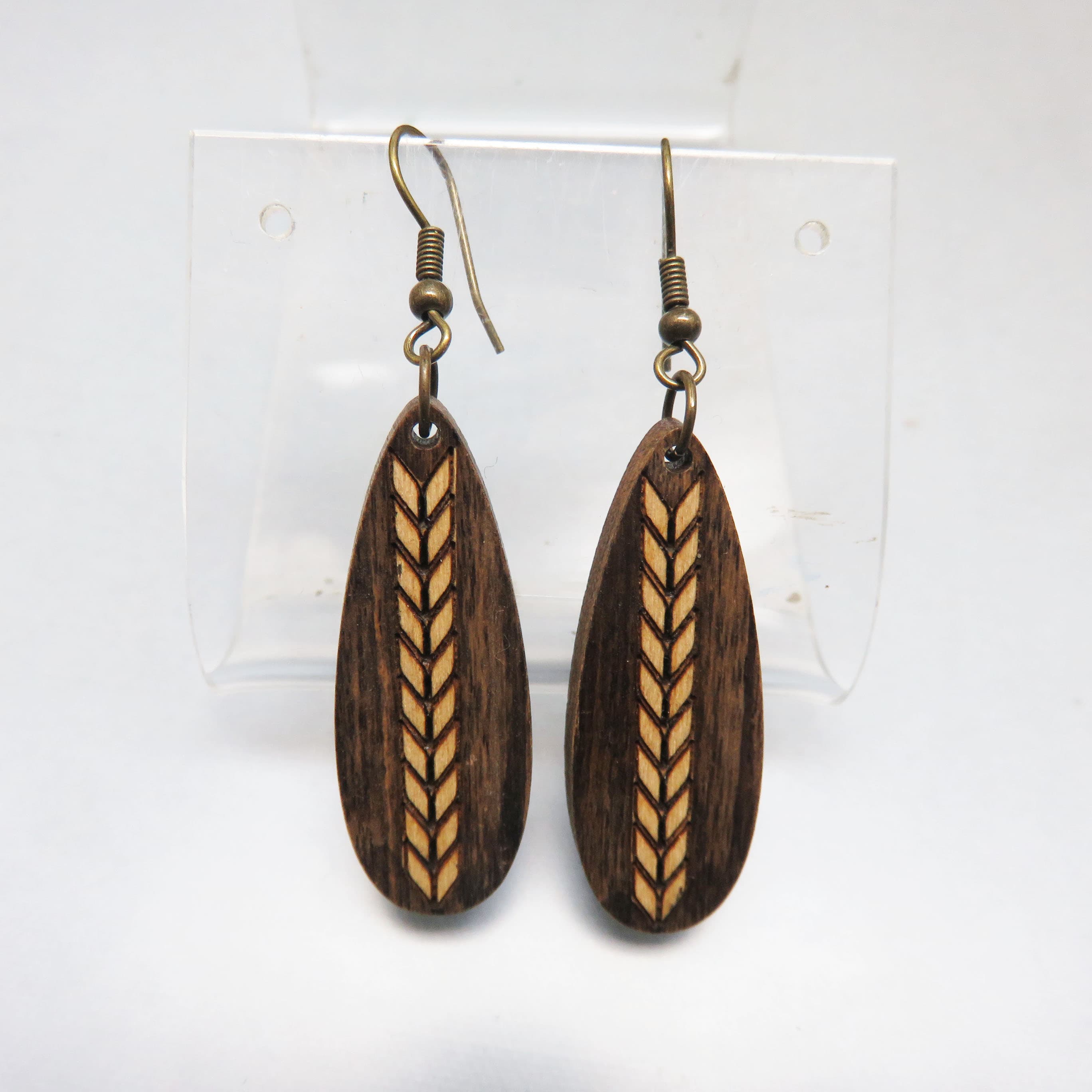 Carved Wood Wheat Earrings Dark Stained French Hook Dangles