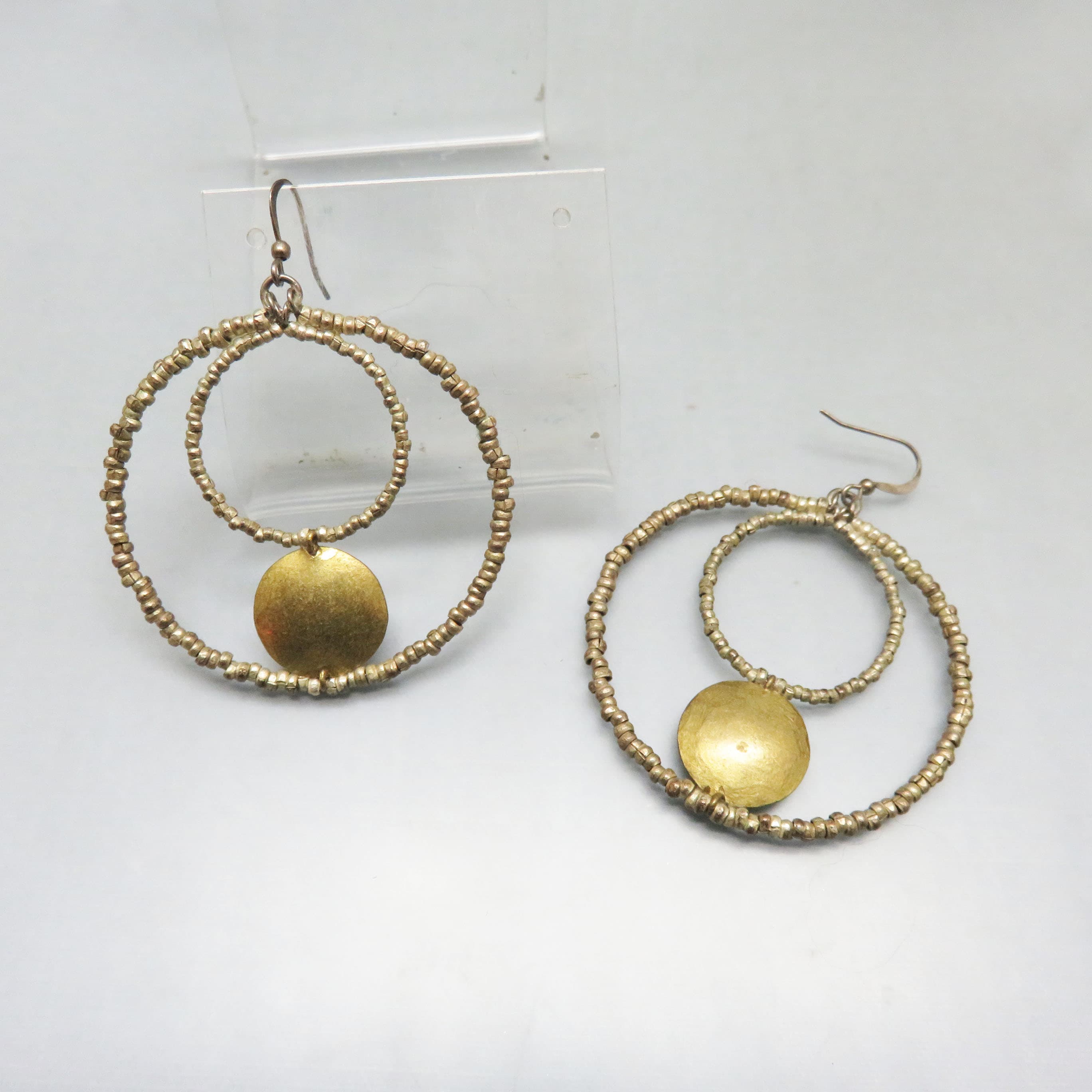 Vintage Beaded Double Hoop Earrings Goldtone Geometric French Hook Dangles