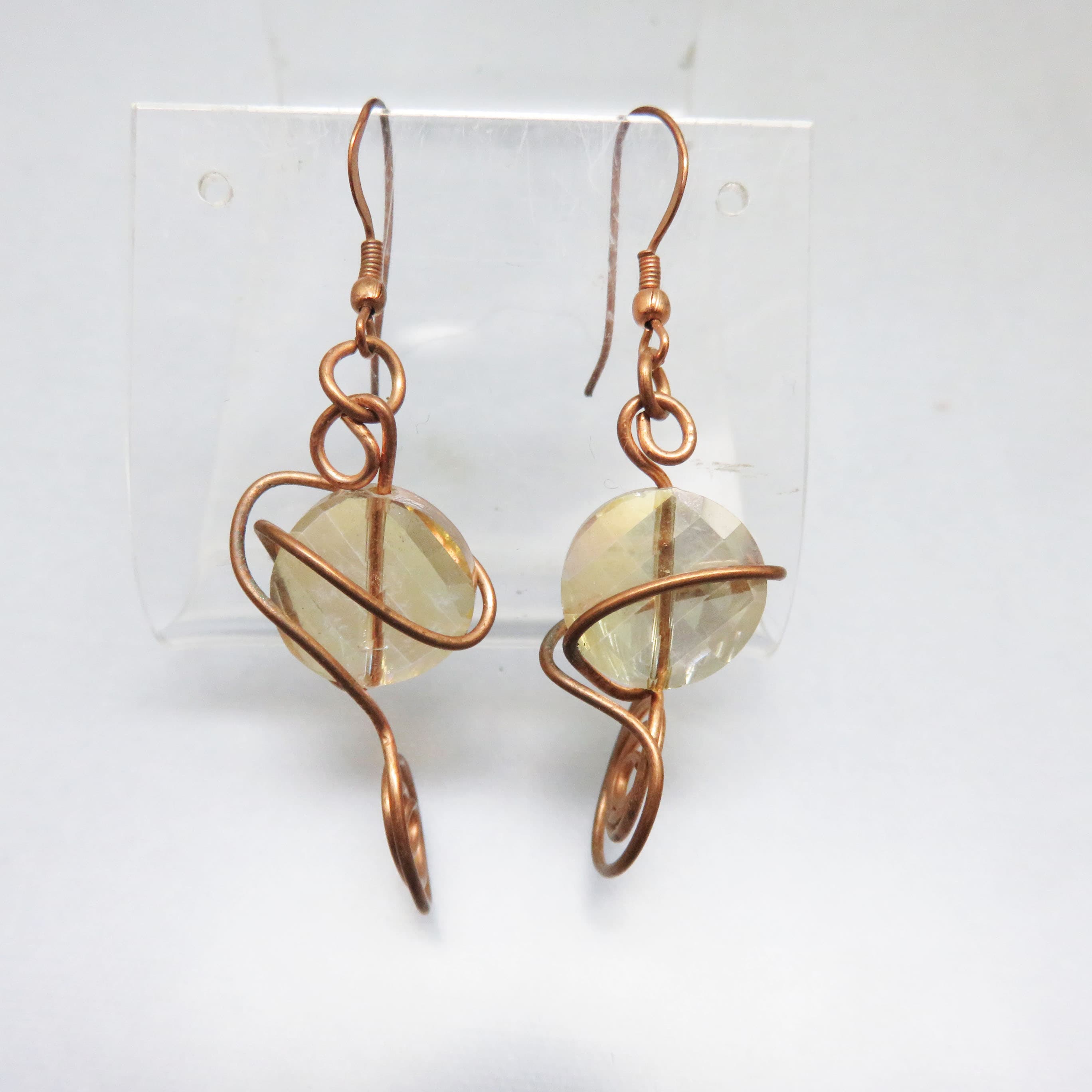 Artisan Copper Wire Wrapped Golden Crystal Earrings Celestial French Hooks